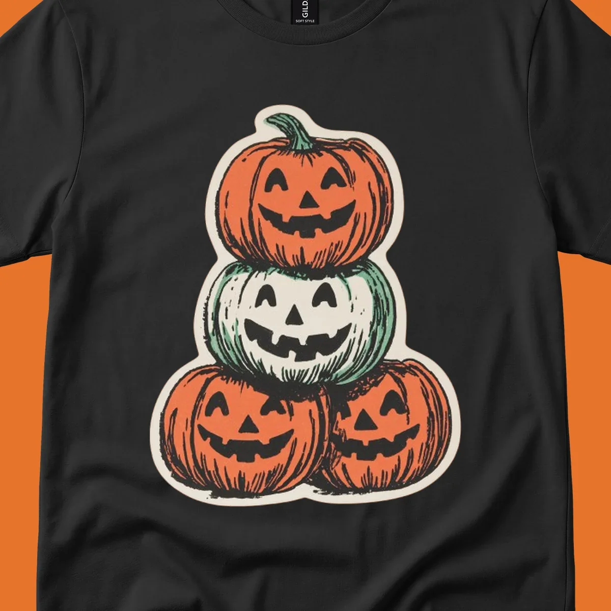 Stacked halloween pumpkins trio illustration with carved faces.