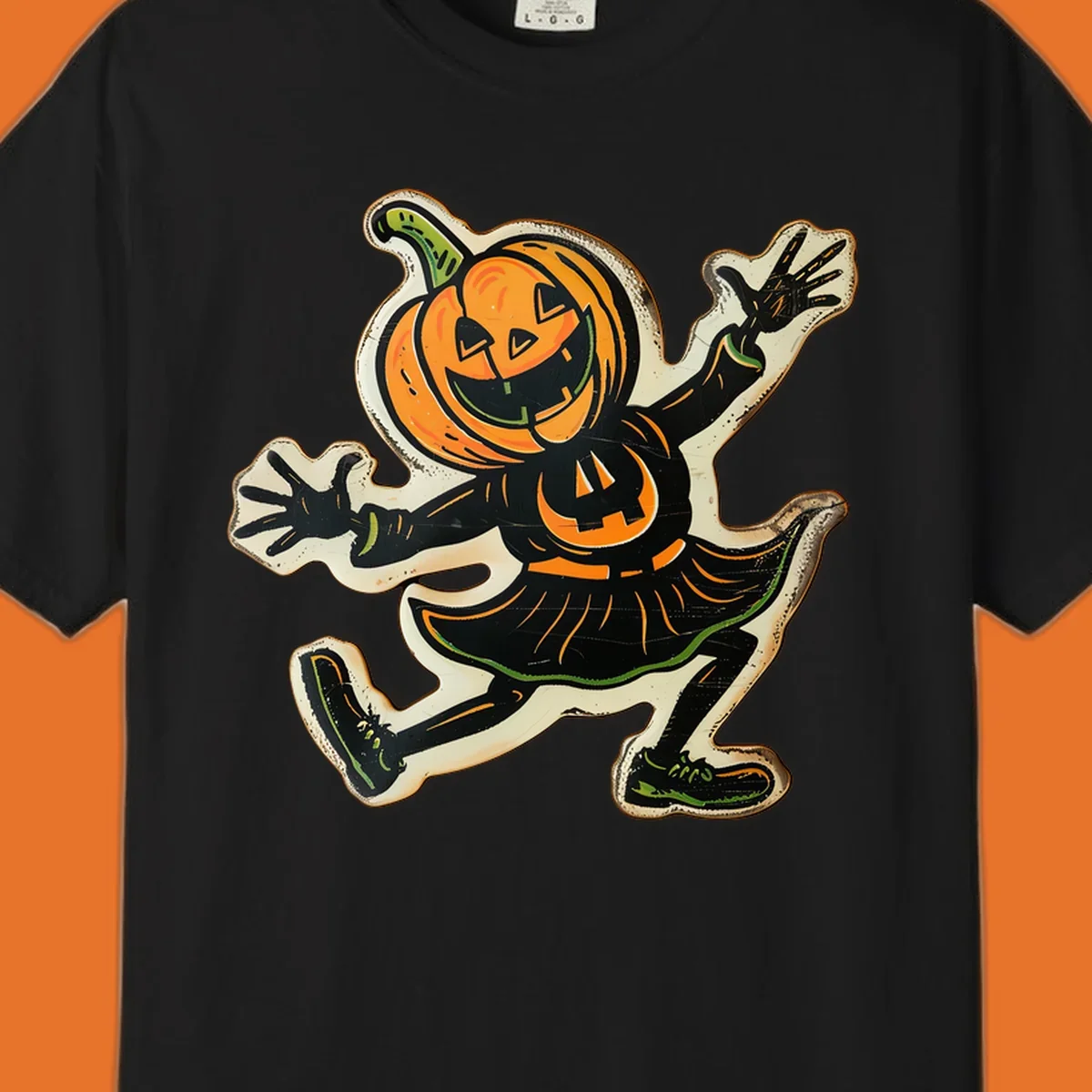 Jumping jack o lantern character illustration for Halloween, vintage style.