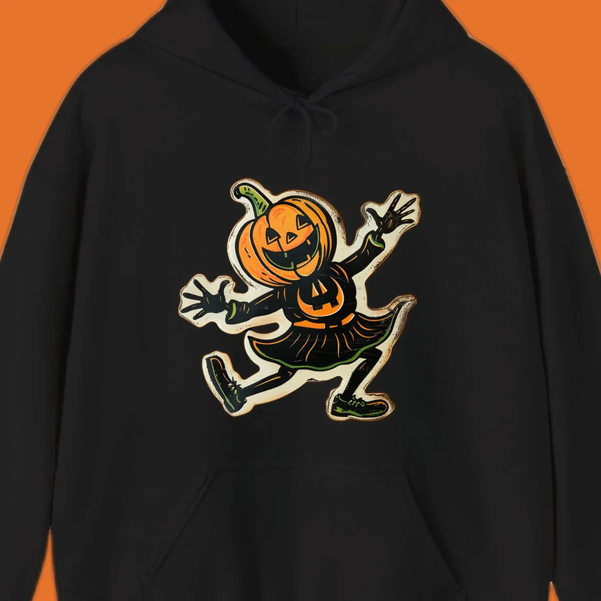Jumping jack o lantern character illustration for Halloween, vintage style.
