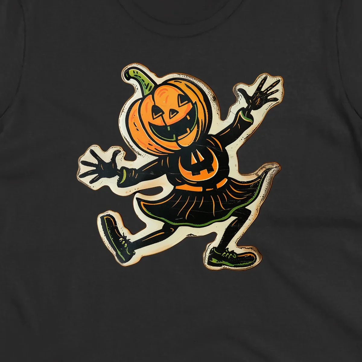 Jumping jack o lantern character illustration for Halloween, vintage style.