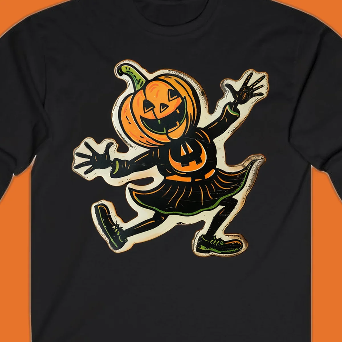 Jumping jack o lantern character illustration for Halloween, vintage style.