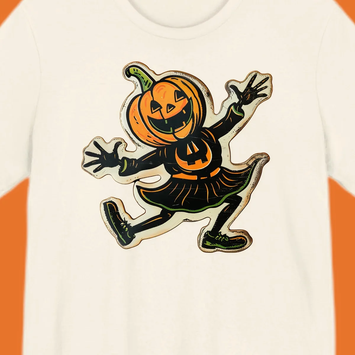 Jumping jack o lantern character illustration for Halloween, vintage style.