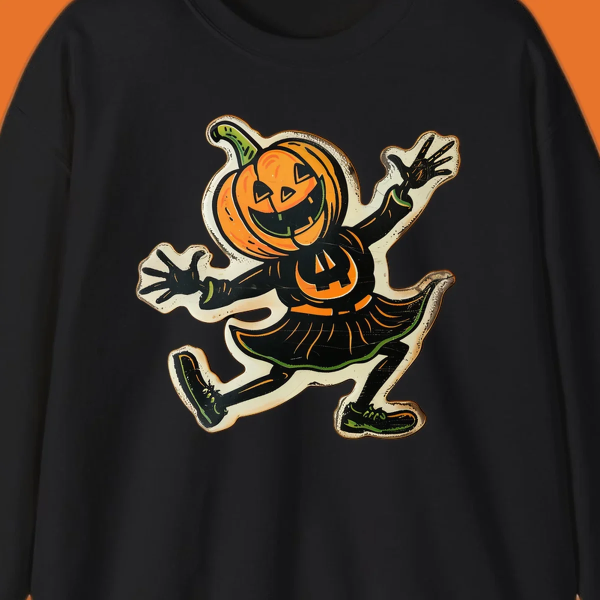 Jumping jack o lantern character illustration for Halloween, vintage style.