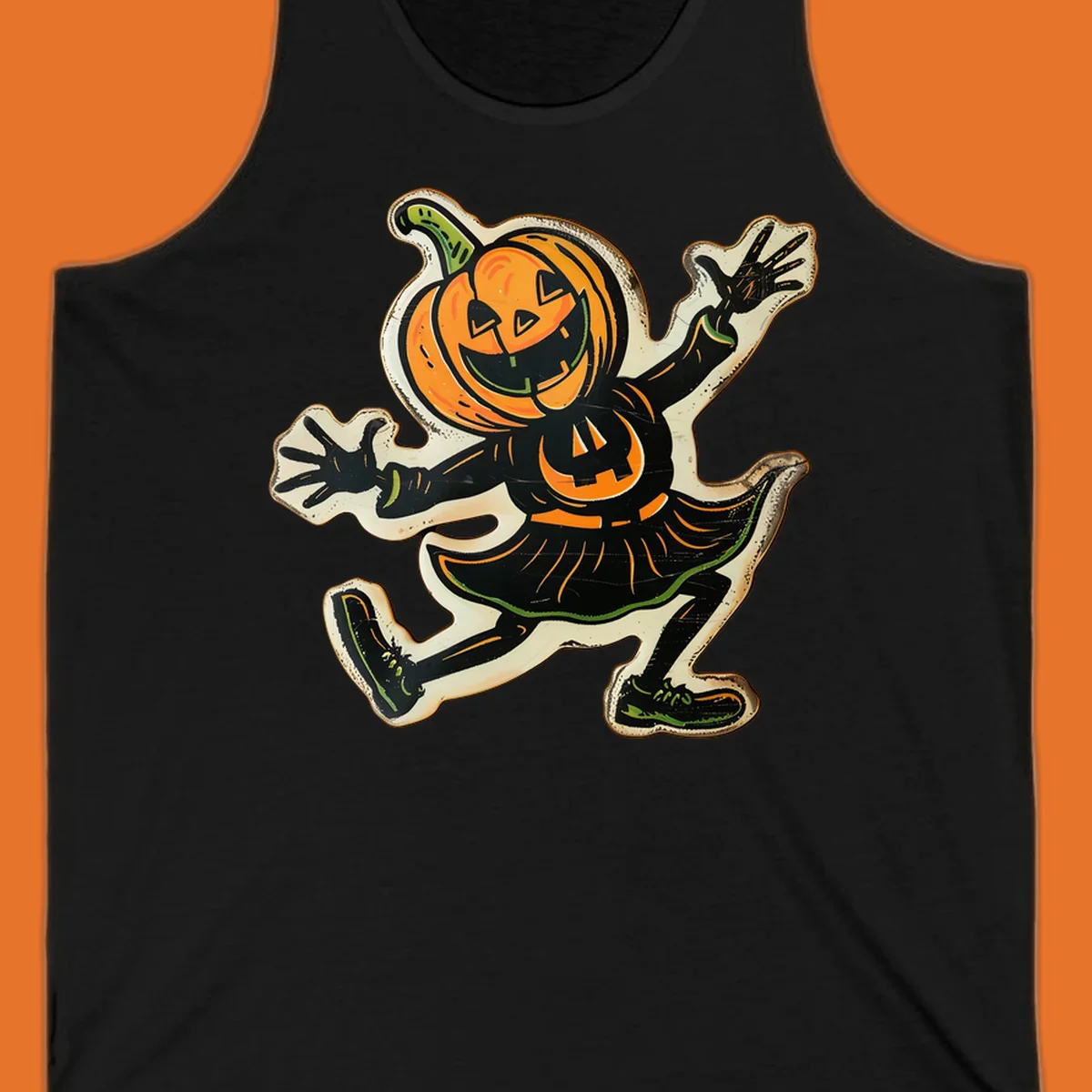 Jumping jack o lantern character illustration for Halloween, vintage style.