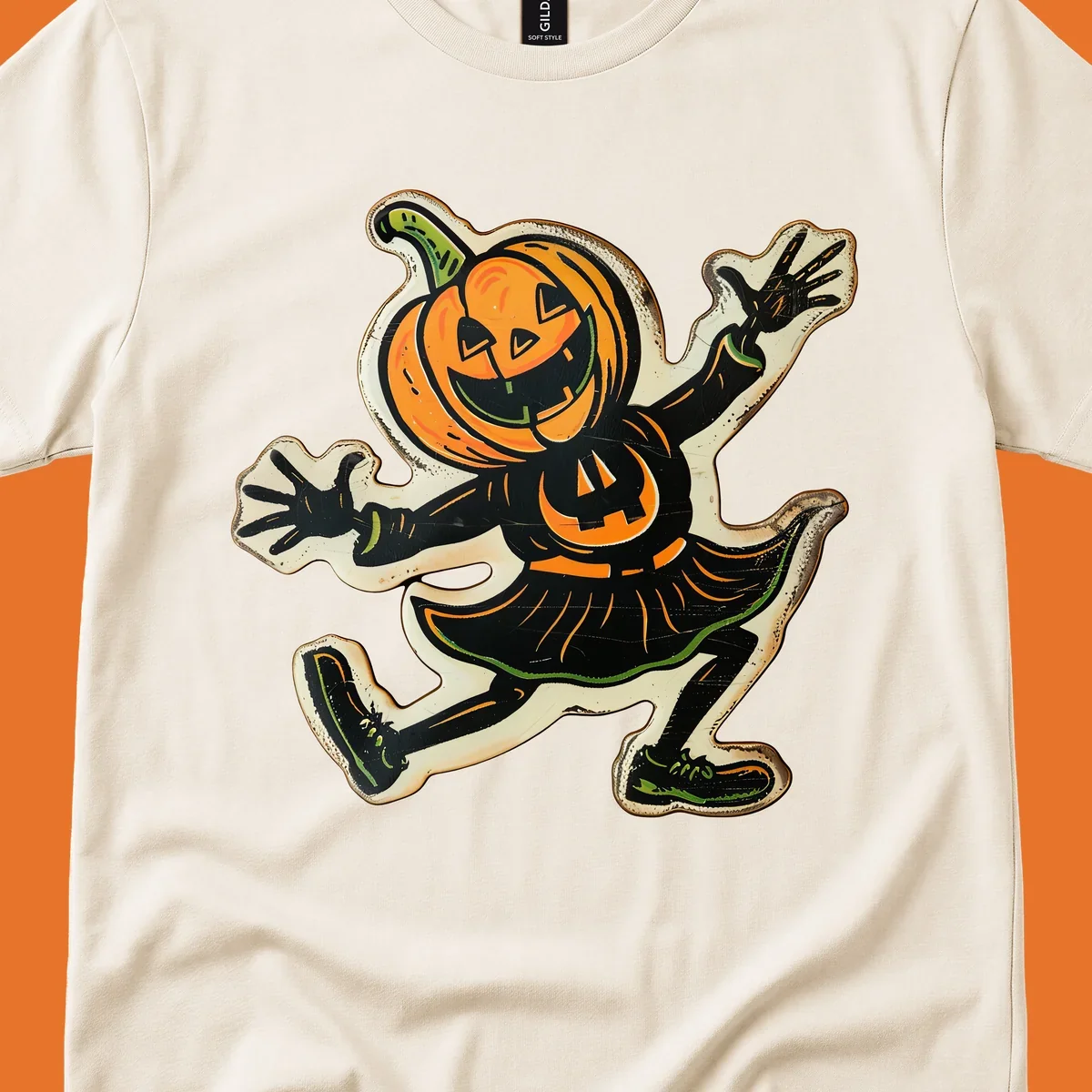 Jumping jack o lantern character illustration for Halloween, vintage style.