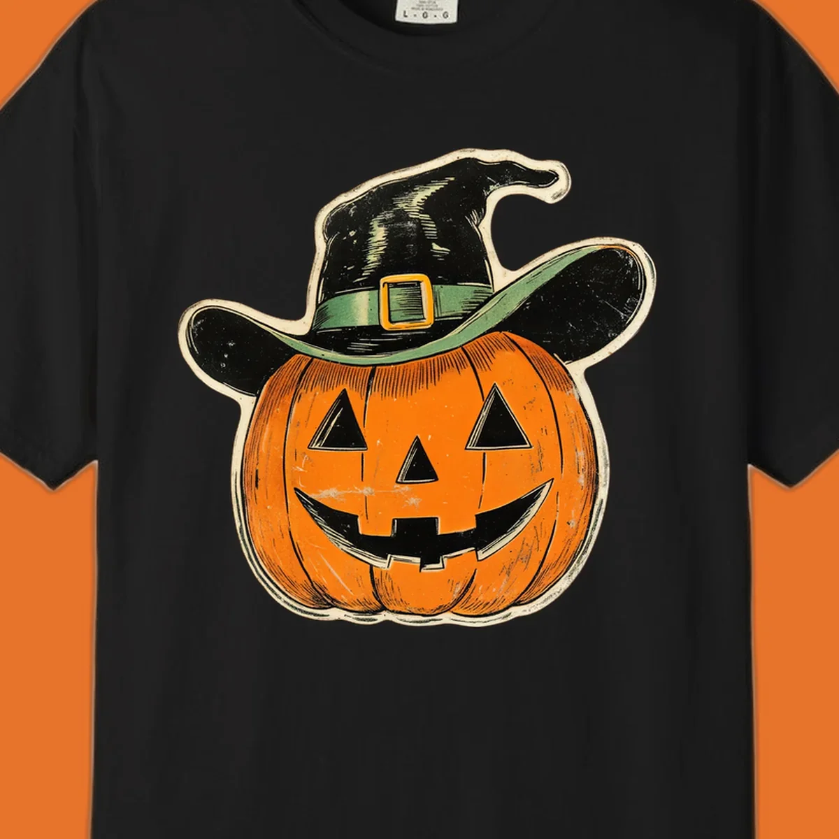 Vintage witchy pumpkin pal illustration with a smiling jack-o-lantern wearing a witch hat.