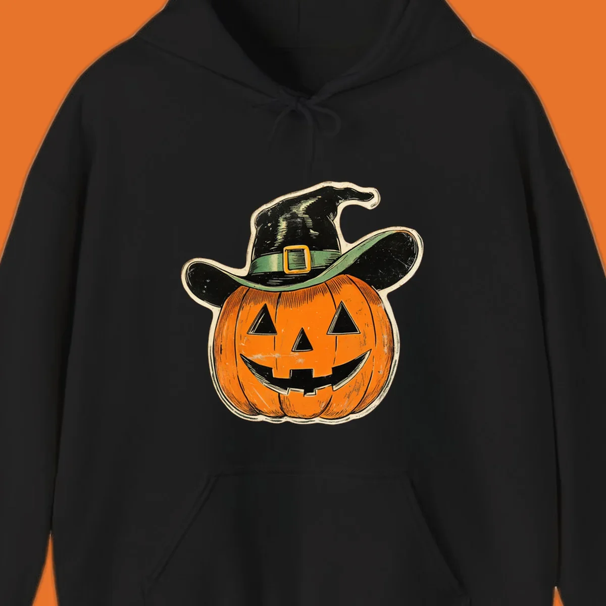 Vintage witchy pumpkin pal illustration with a smiling jack-o-lantern wearing a witch hat.