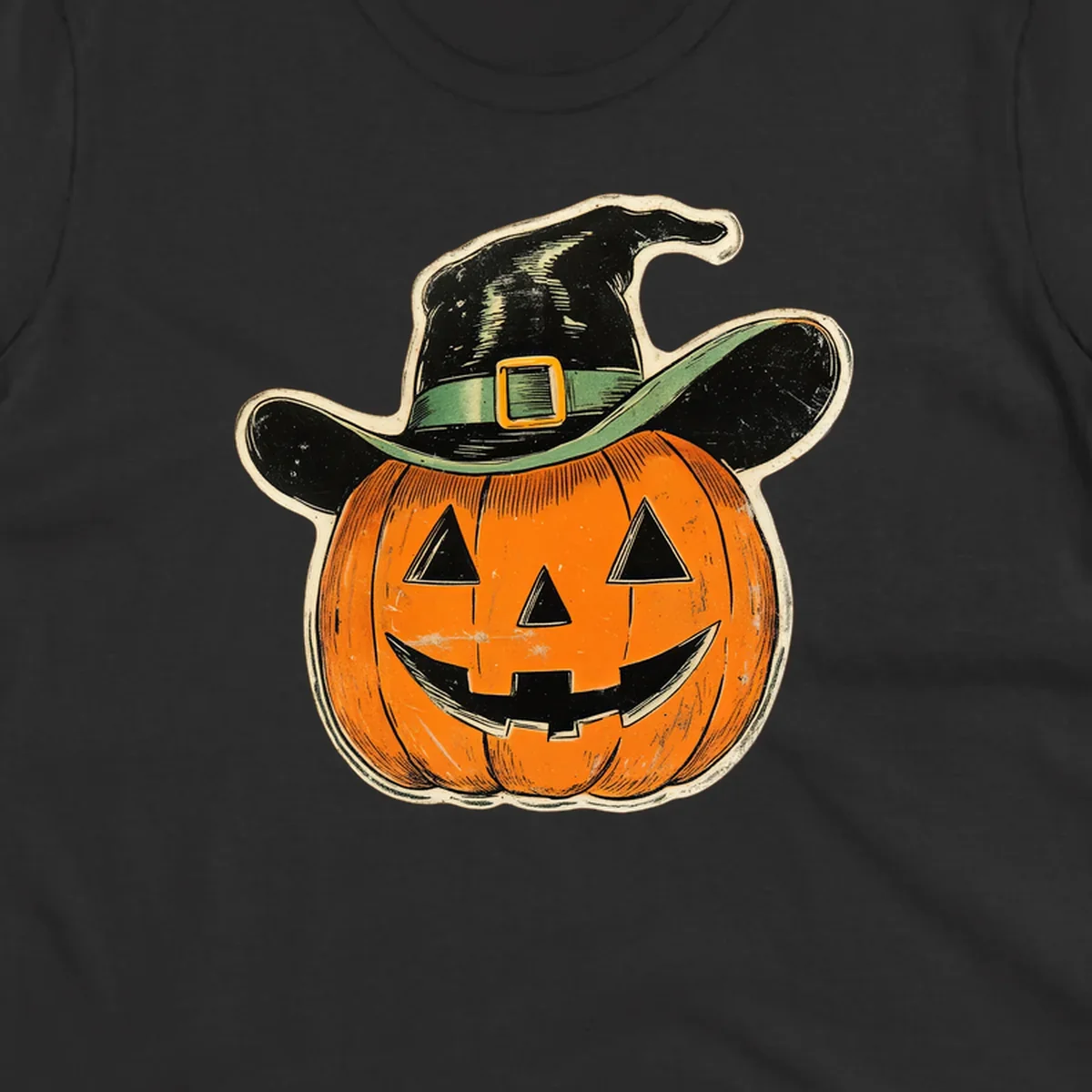 Vintage witchy pumpkin pal illustration with a smiling jack-o-lantern wearing a witch hat.