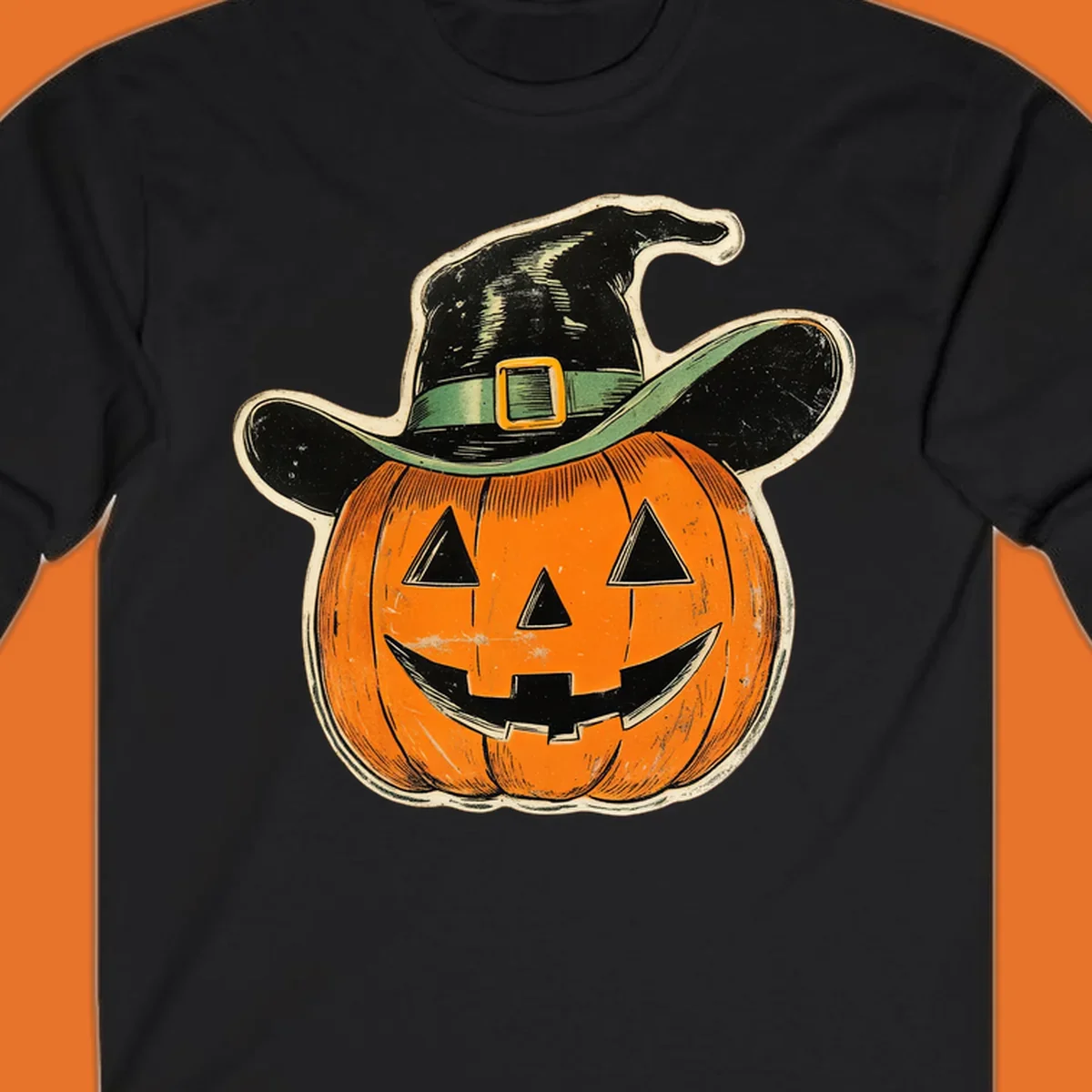 Vintage witchy pumpkin pal illustration with a smiling jack-o-lantern wearing a witch hat.