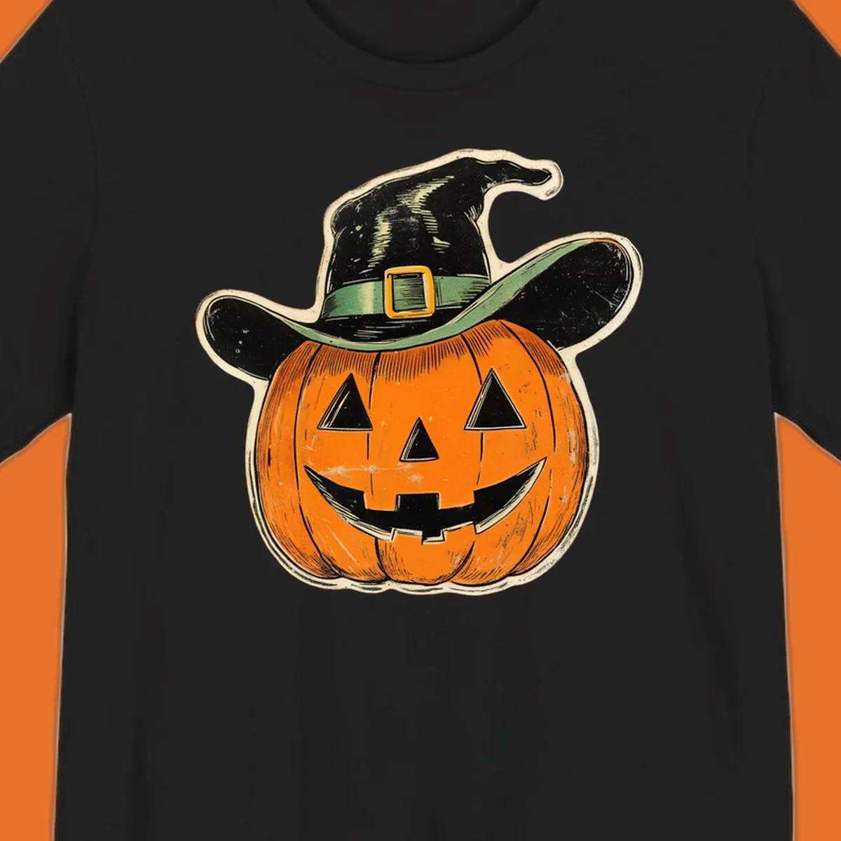 Vintage witchy pumpkin pal illustration with a smiling jack-o-lantern wearing a witch hat.