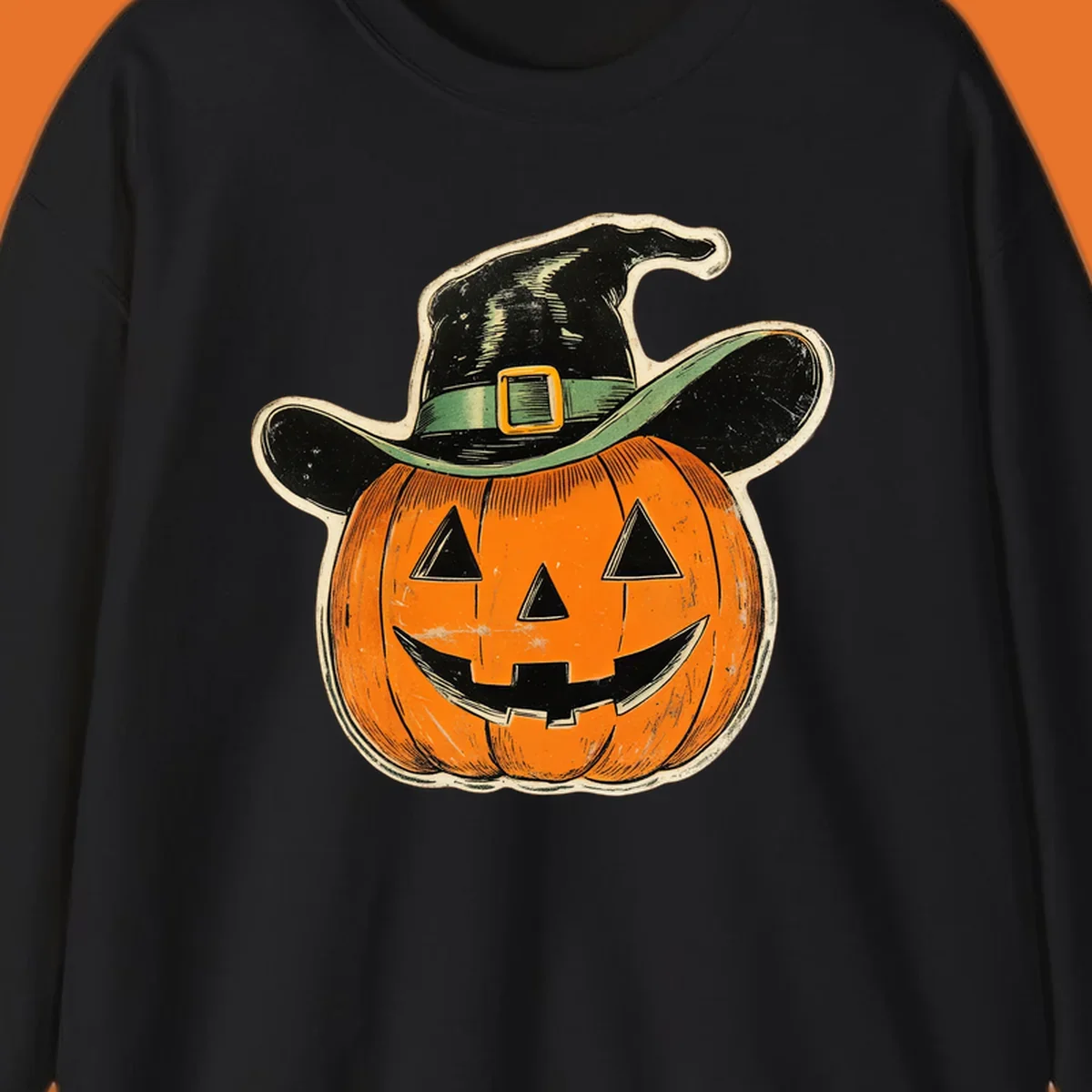 Vintage witchy pumpkin pal illustration with a smiling jack-o-lantern wearing a witch hat.