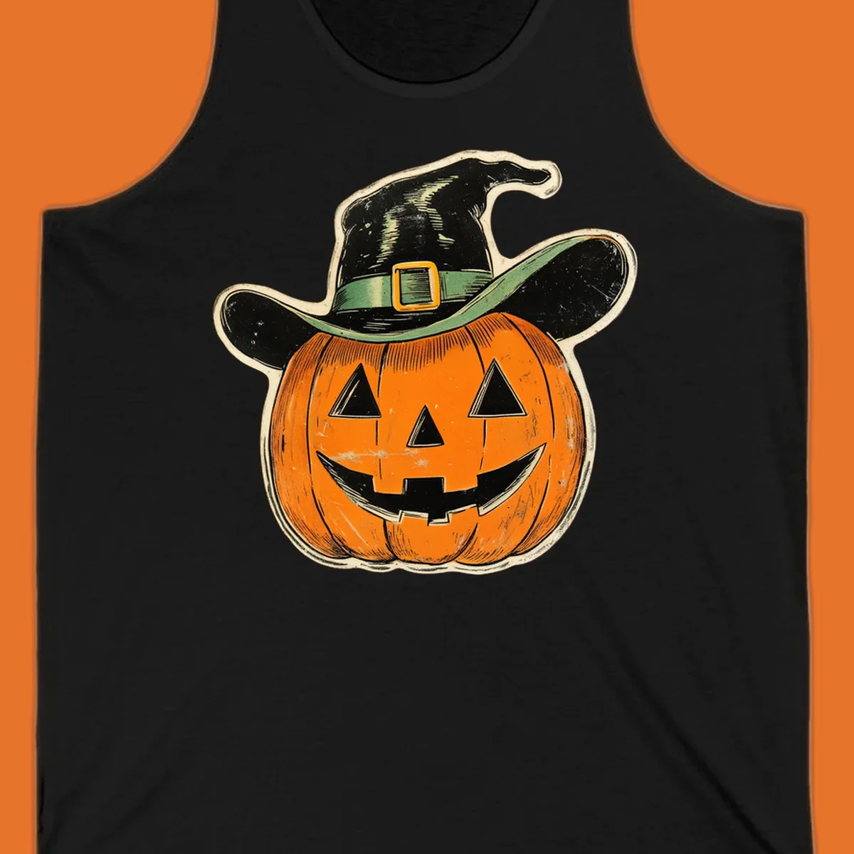 Vintage witchy pumpkin pal illustration with a smiling jack-o-lantern wearing a witch hat.