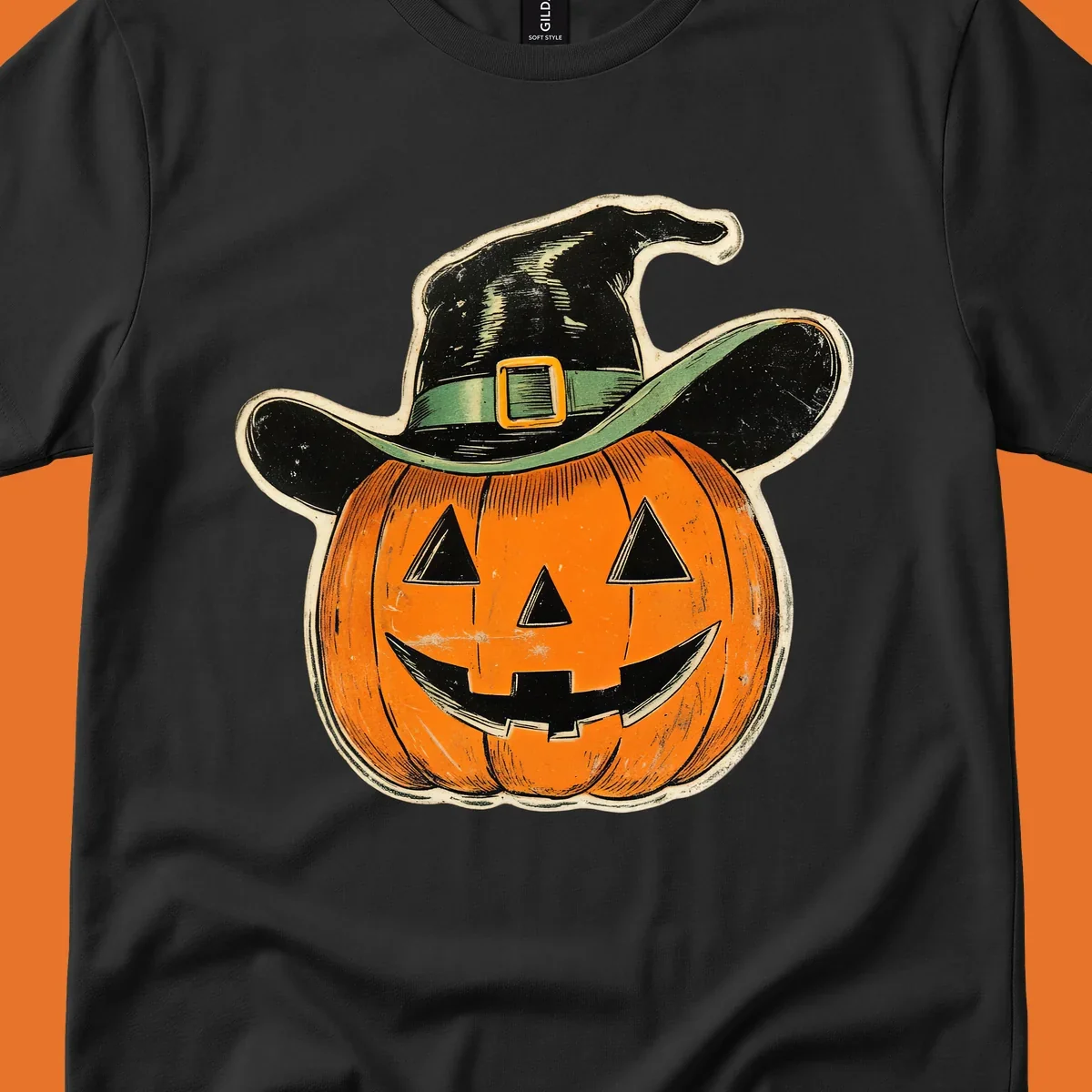 Vintage witchy pumpkin pal illustration with a smiling jack-o-lantern wearing a witch hat.