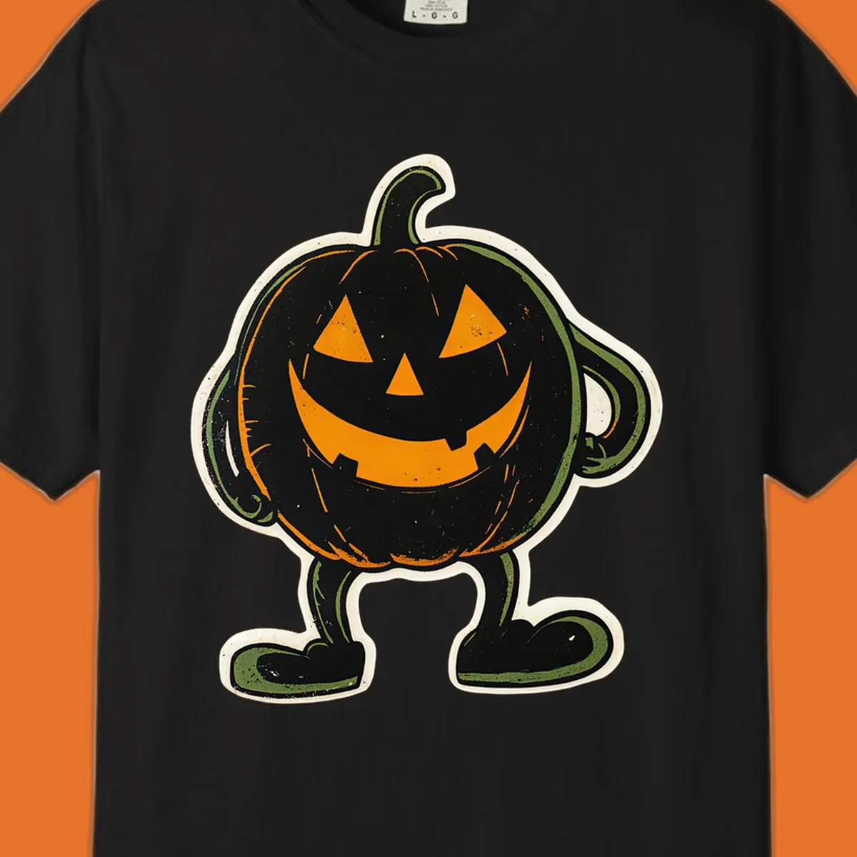 Grinning pumpkin character illustration with glowing orange eyes and mouth, vintage style. Primary keyword: grinning-pumpkin-character.
