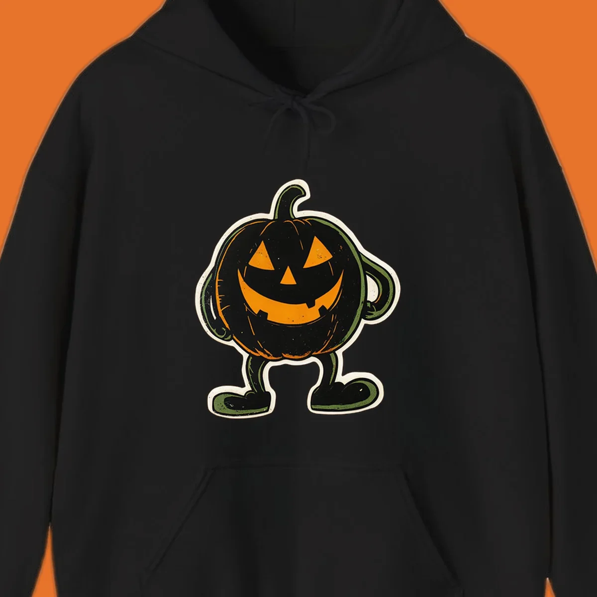 Grinning pumpkin character illustration with glowing orange eyes and mouth, vintage style. Primary keyword: grinning-pumpkin-character.