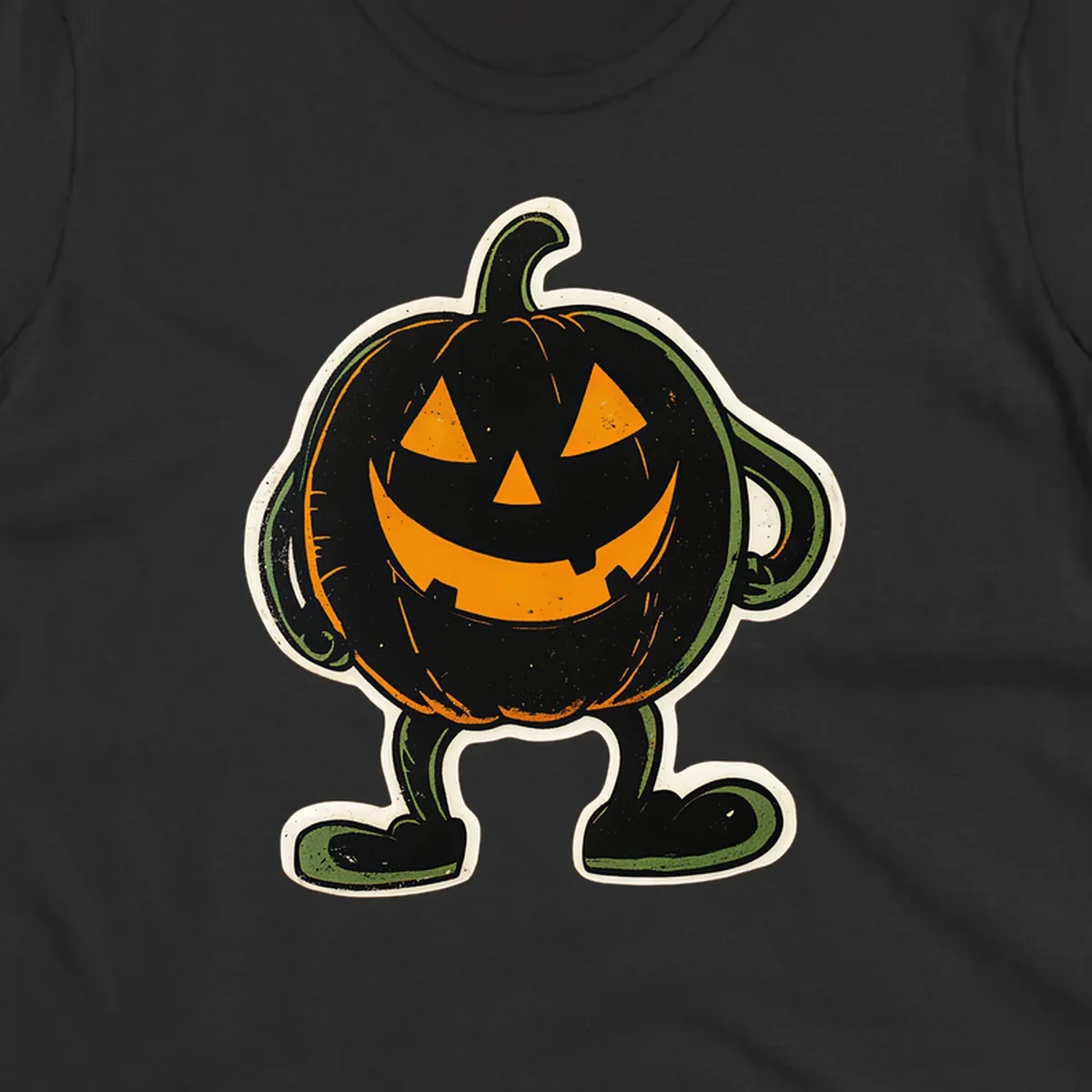 Grinning pumpkin character illustration with glowing orange eyes and mouth, vintage style. Primary keyword: grinning-pumpkin-character.