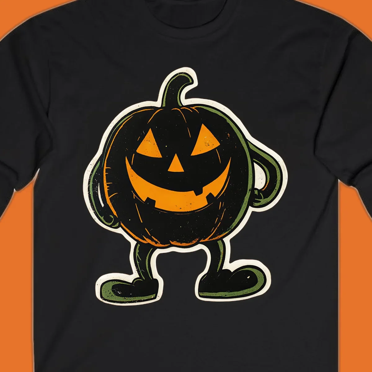 Grinning pumpkin character illustration with glowing orange eyes and mouth, vintage style. Primary keyword: grinning-pumpkin-character.