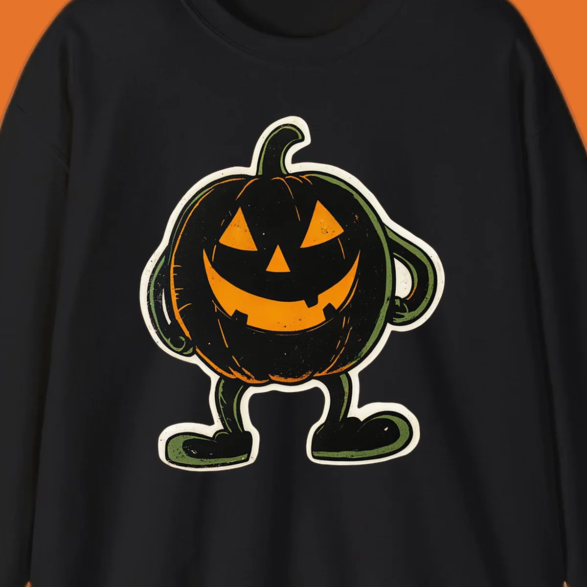 Grinning pumpkin character illustration with glowing orange eyes and mouth, vintage style. Primary keyword: grinning-pumpkin-character.