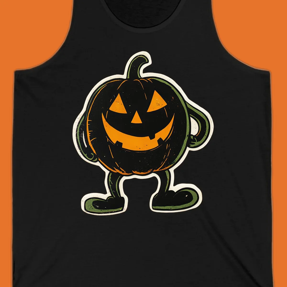 Grinning pumpkin character illustration with glowing orange eyes and mouth, vintage style. Primary keyword: grinning-pumpkin-character.