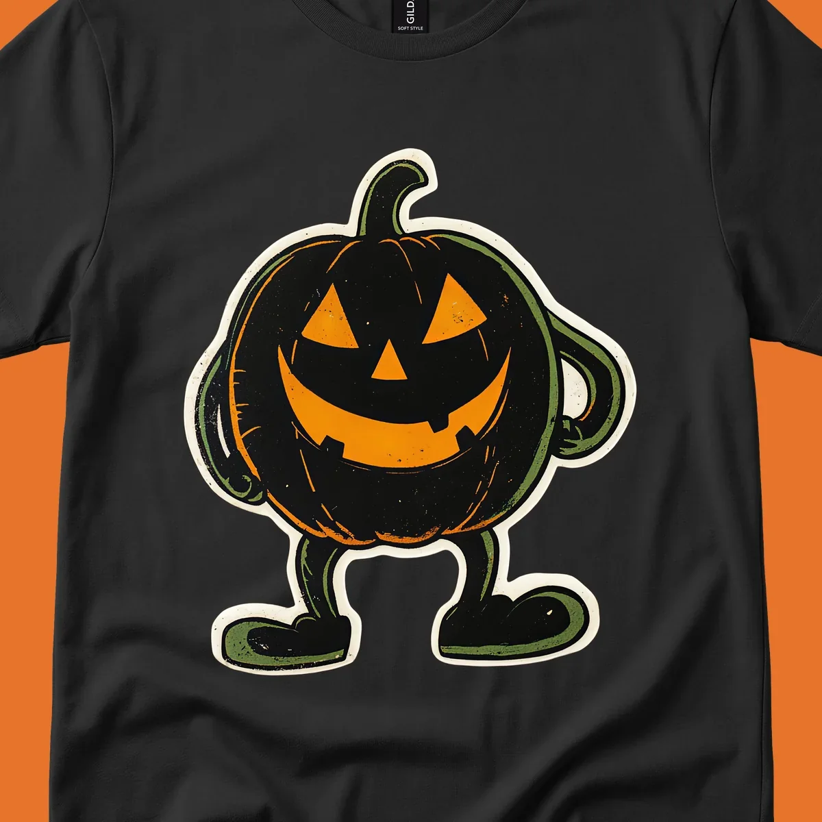 Grinning pumpkin character illustration with glowing orange eyes and mouth, vintage style. Primary keyword: grinning-pumpkin-character.