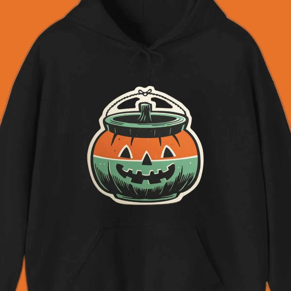 Vintage pumpkin bucket illustration with carved face and handle. Vintage-pumpkin-bucket.
