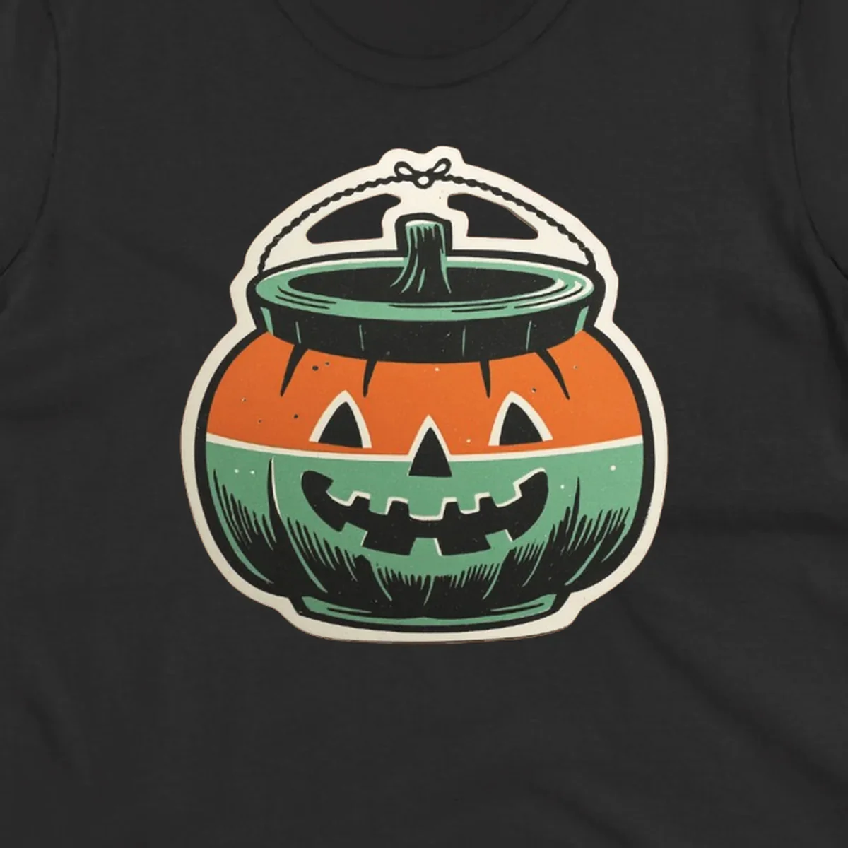 Vintage pumpkin bucket illustration with carved face and handle. Vintage-pumpkin-bucket.