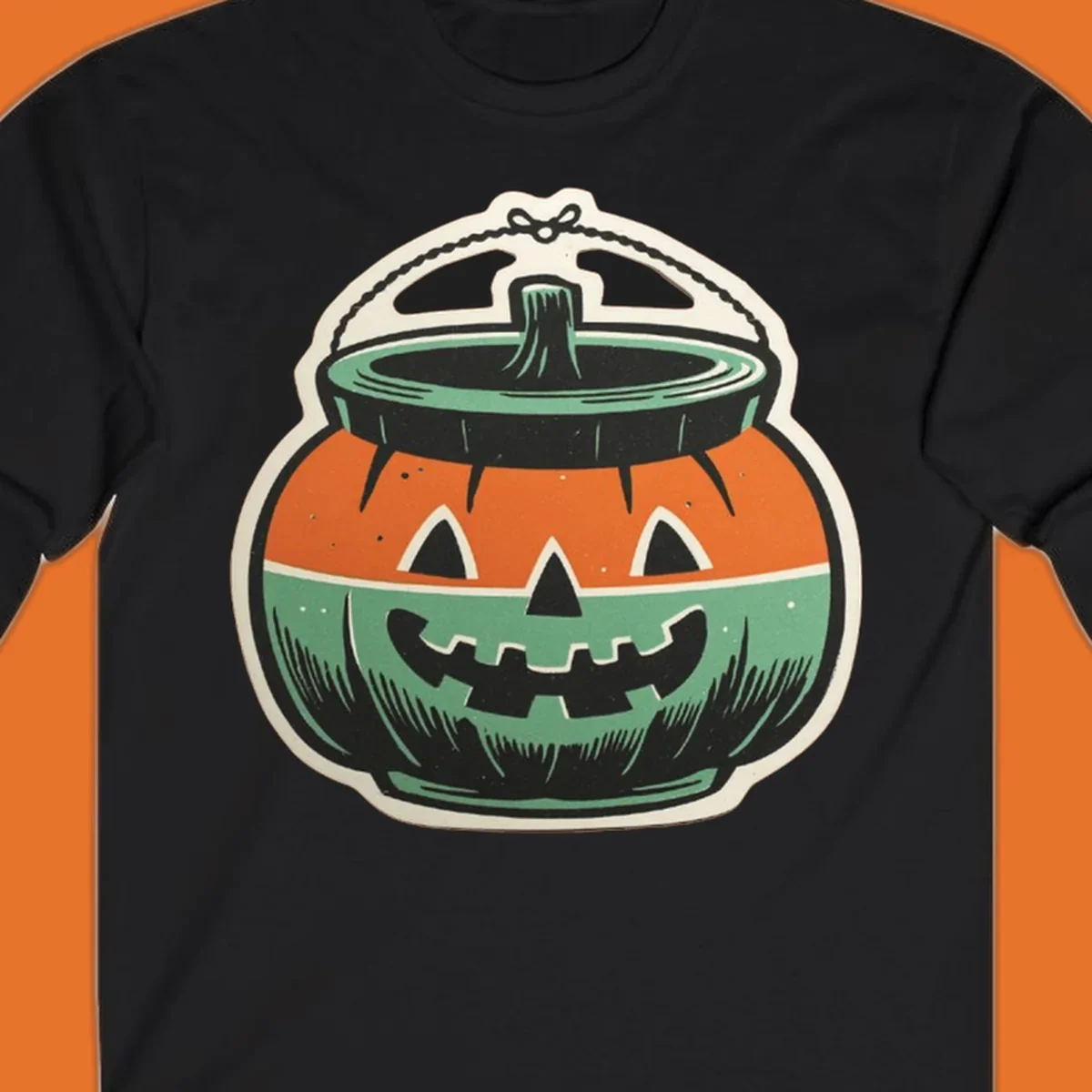 Vintage pumpkin bucket illustration with carved face and handle. Vintage-pumpkin-bucket.
