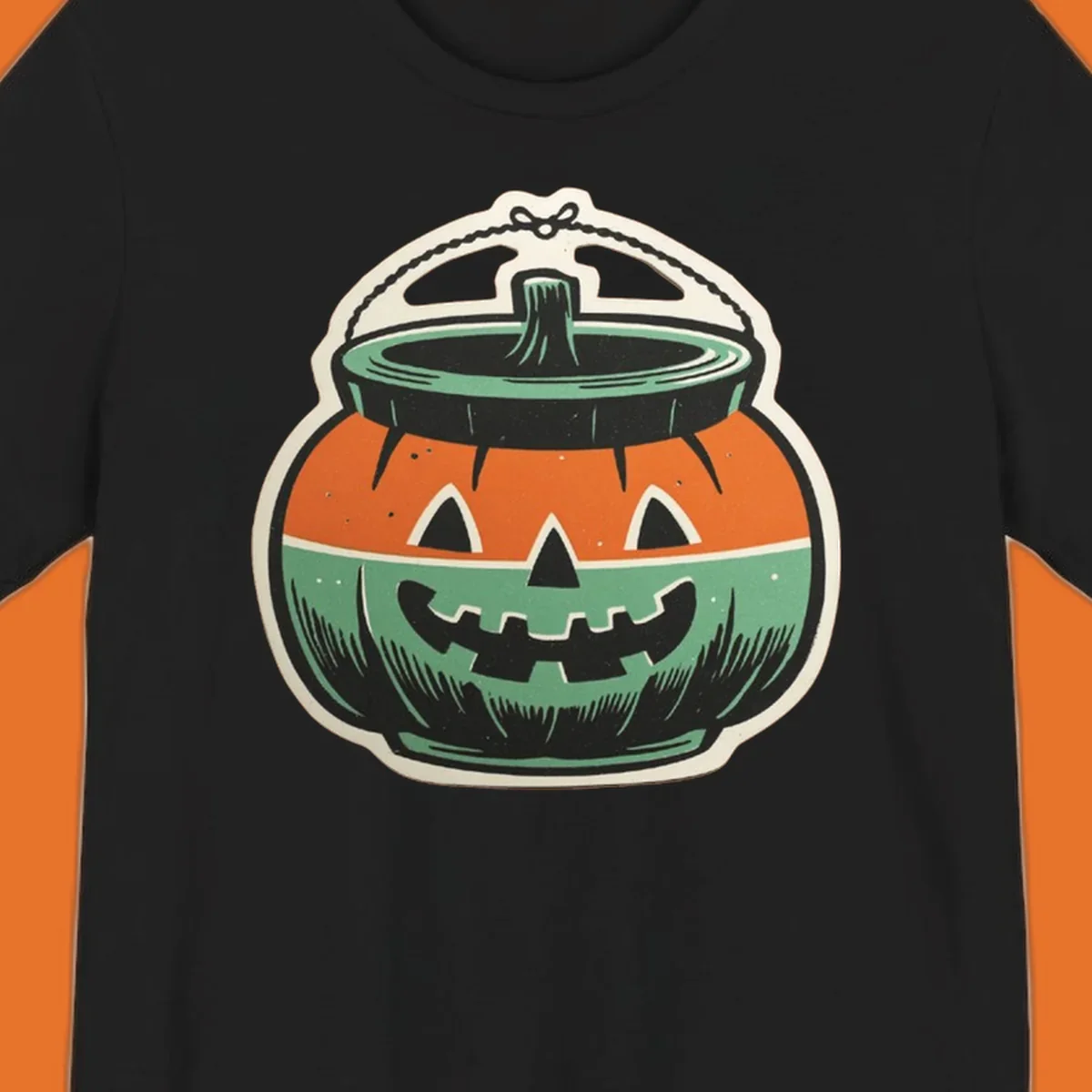 Vintage pumpkin bucket illustration with carved face and handle. Vintage-pumpkin-bucket.