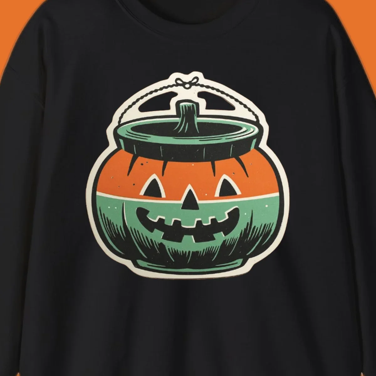 Vintage pumpkin bucket illustration with carved face and handle. Vintage-pumpkin-bucket.