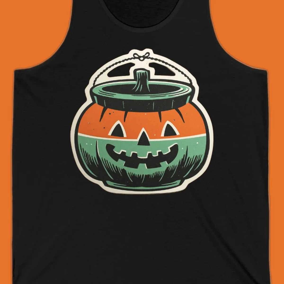 Vintage pumpkin bucket illustration with carved face and handle. Vintage-pumpkin-bucket.