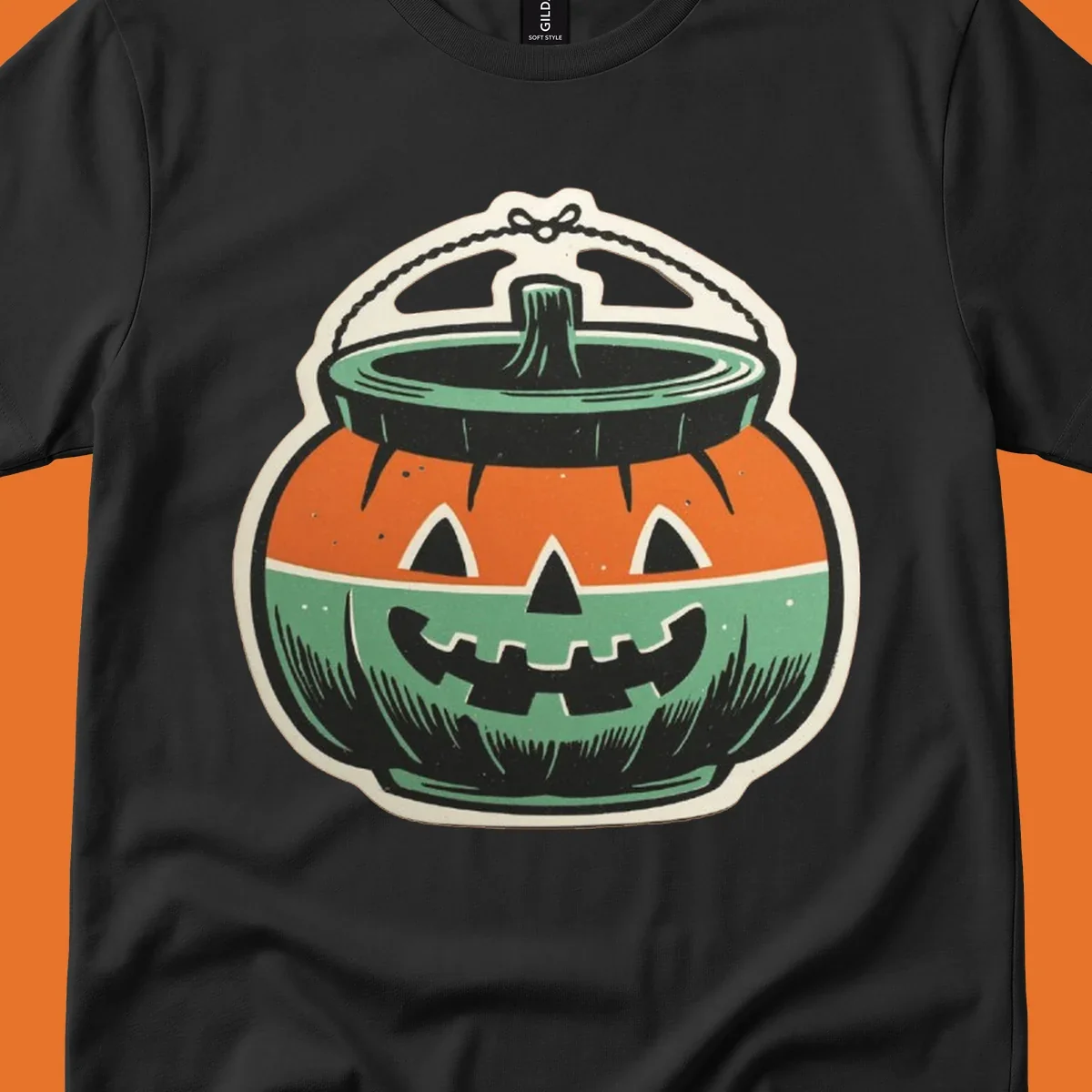 Vintage pumpkin bucket illustration with carved face and handle. Vintage-pumpkin-bucket.