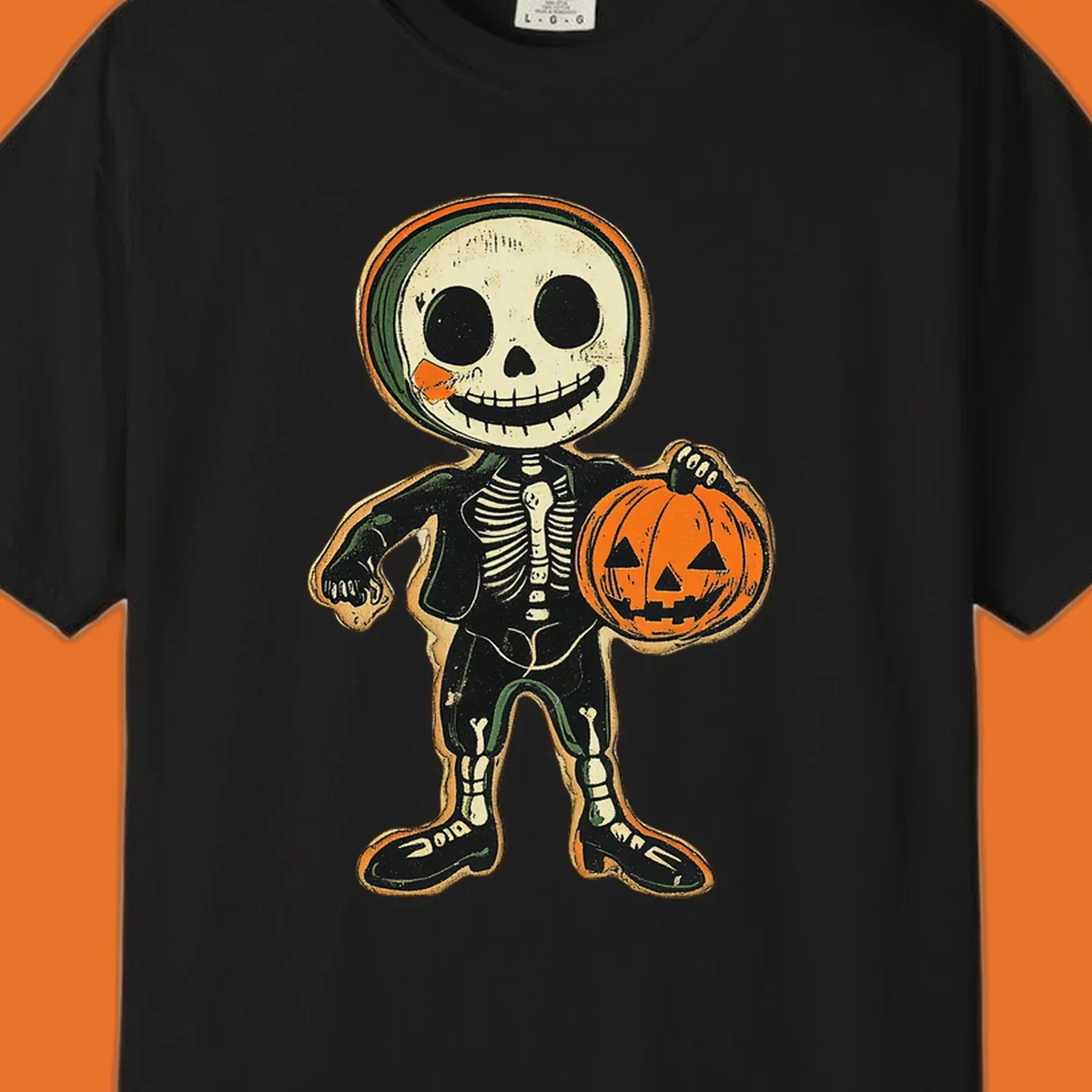 Vintage skeleton character holding a jack-o-lantern, skeleton-pumpkin-character