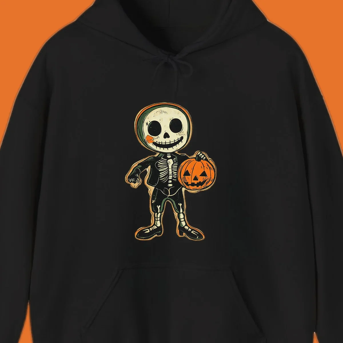 Vintage skeleton character holding a jack-o-lantern, skeleton-pumpkin-character