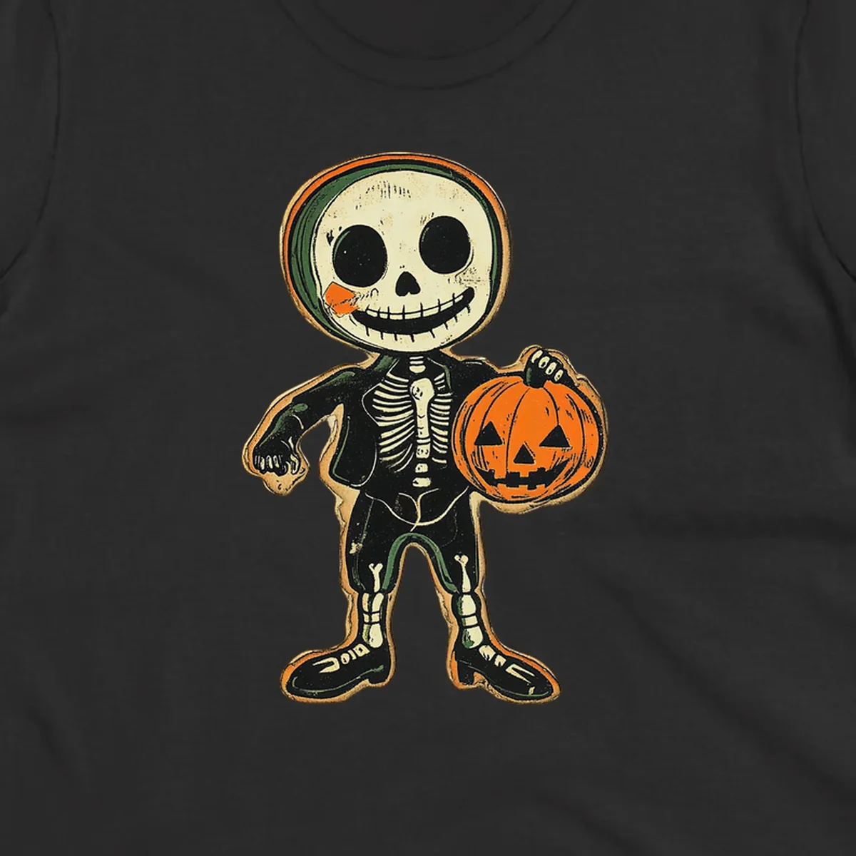 Vintage skeleton character holding a jack-o-lantern, skeleton-pumpkin-character