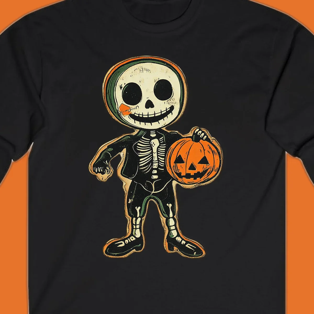 Vintage skeleton character holding a jack-o-lantern, skeleton-pumpkin-character