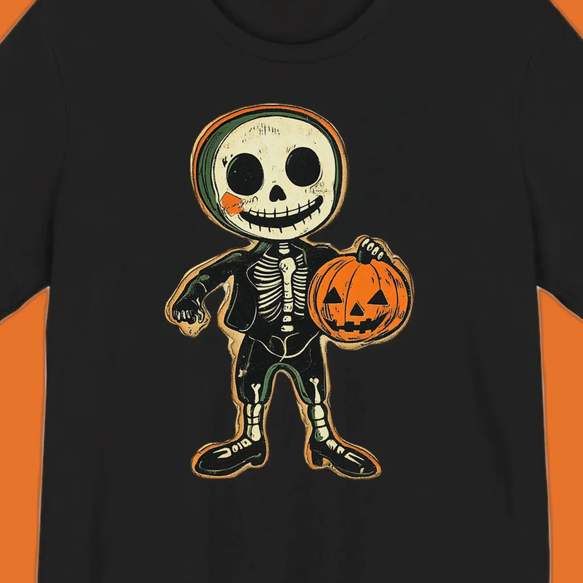Vintage skeleton character holding a jack-o-lantern, skeleton-pumpkin-character