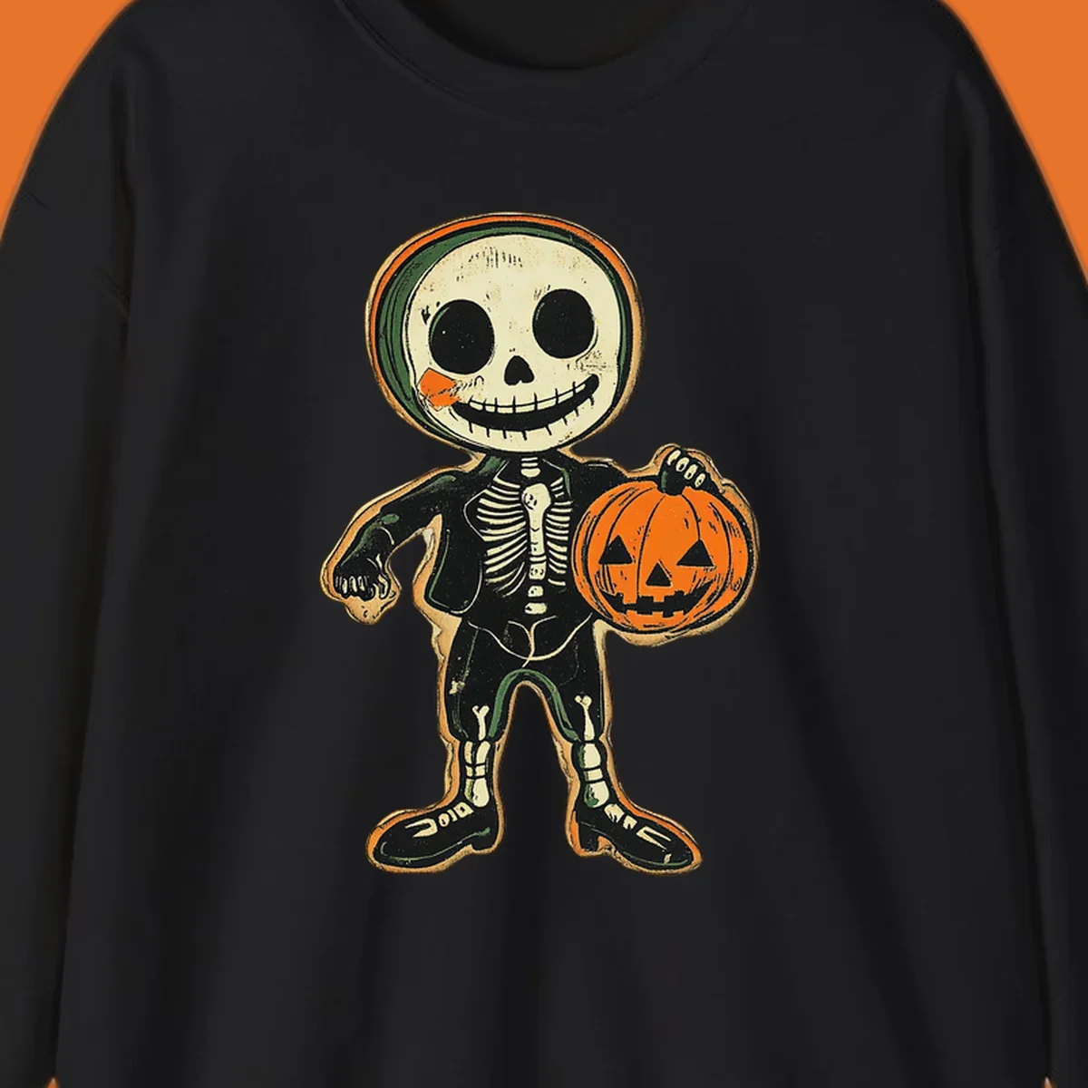 Vintage skeleton character holding a jack-o-lantern, skeleton-pumpkin-character
