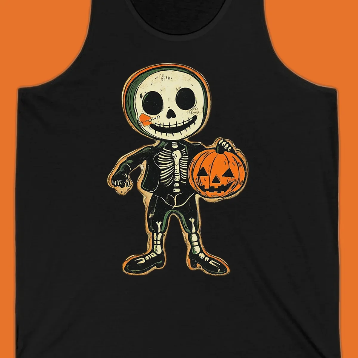 Vintage skeleton character holding a jack-o-lantern, skeleton-pumpkin-character