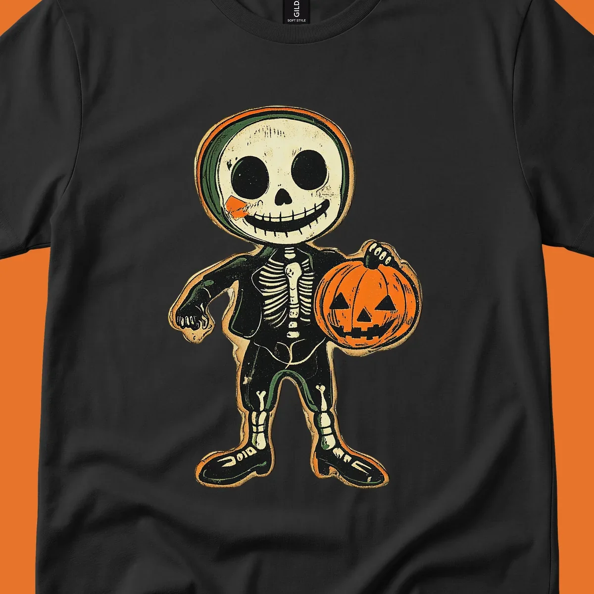 Vintage skeleton character holding a jack-o-lantern, skeleton-pumpkin-character
