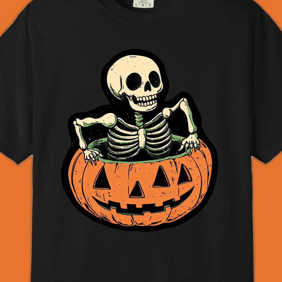 Skeleton sitting in a jack-o-lantern, spooky halloween design.