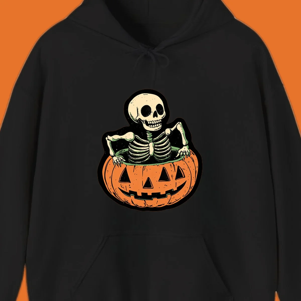 Skeleton sitting in a jack-o-lantern, spooky halloween design.