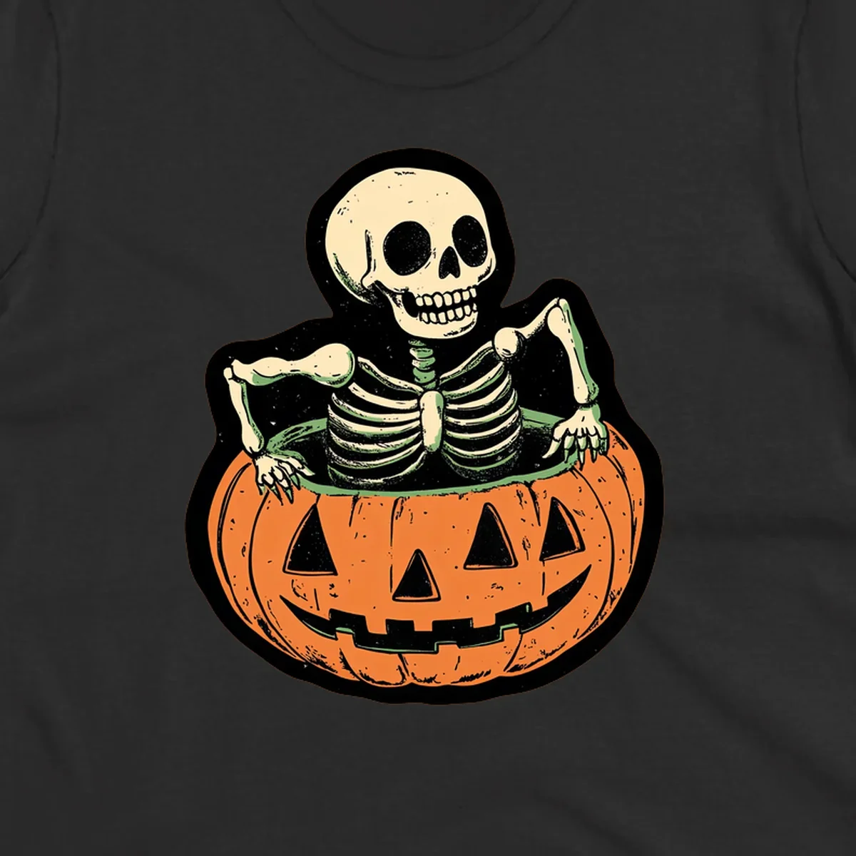 Skeleton sitting in a jack-o-lantern, spooky halloween design.