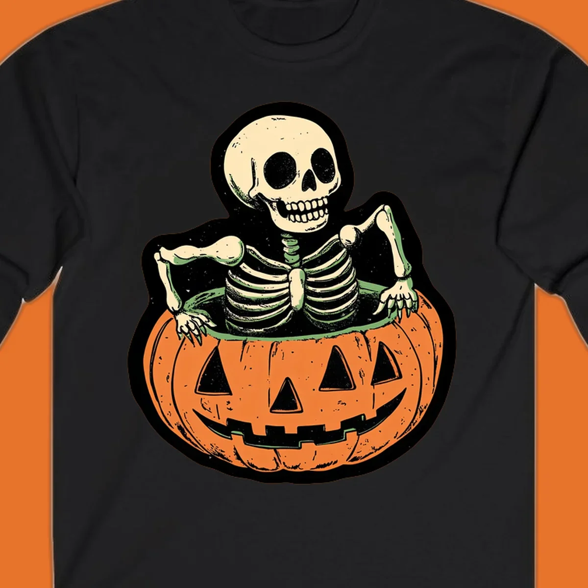 Skeleton sitting in a jack-o-lantern, spooky halloween design.