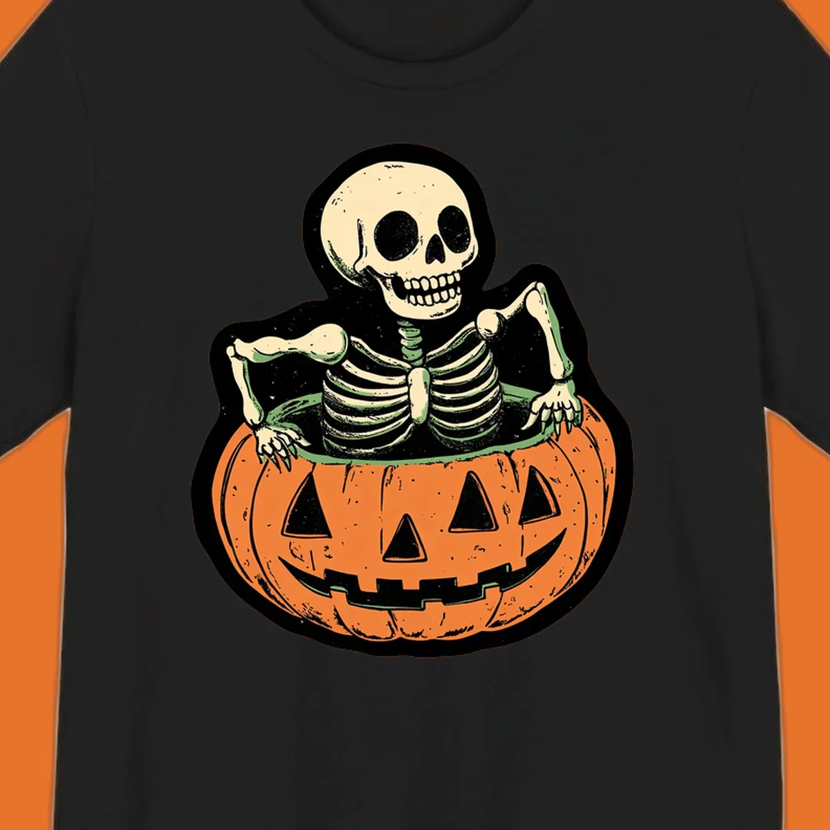 Skeleton sitting in a jack-o-lantern, spooky halloween design.
