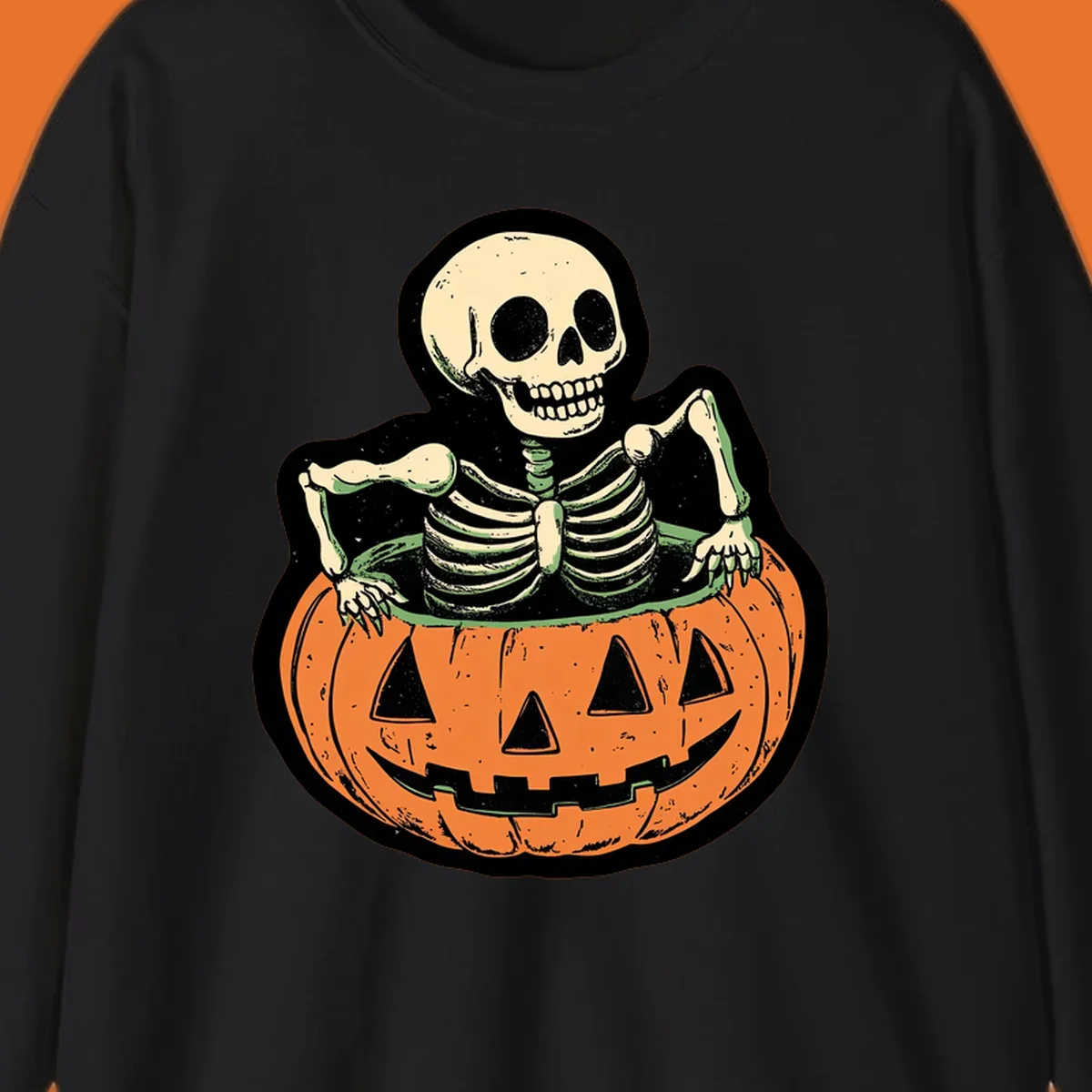 Skeleton sitting in a jack-o-lantern, spooky halloween design.