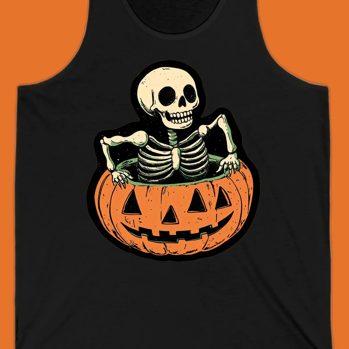 Skeleton sitting in a jack-o-lantern, spooky halloween design.