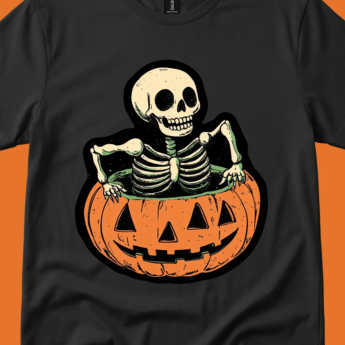 Skeleton sitting in a jack-o-lantern, spooky halloween design.