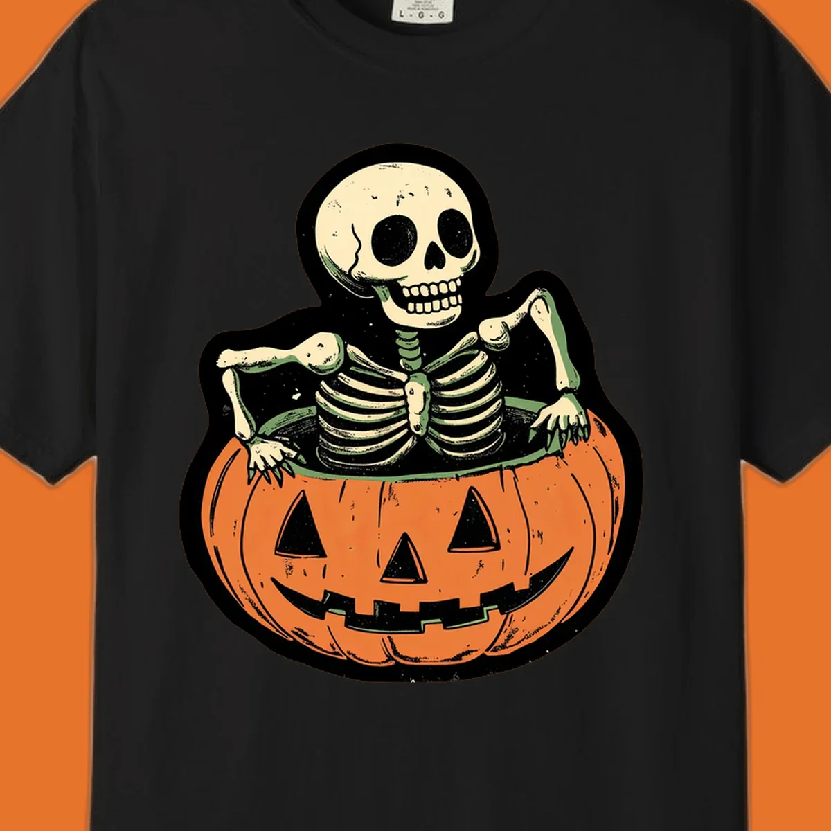 Skeleton emerging from a carved jack-o-lantern, vintage halloween design.