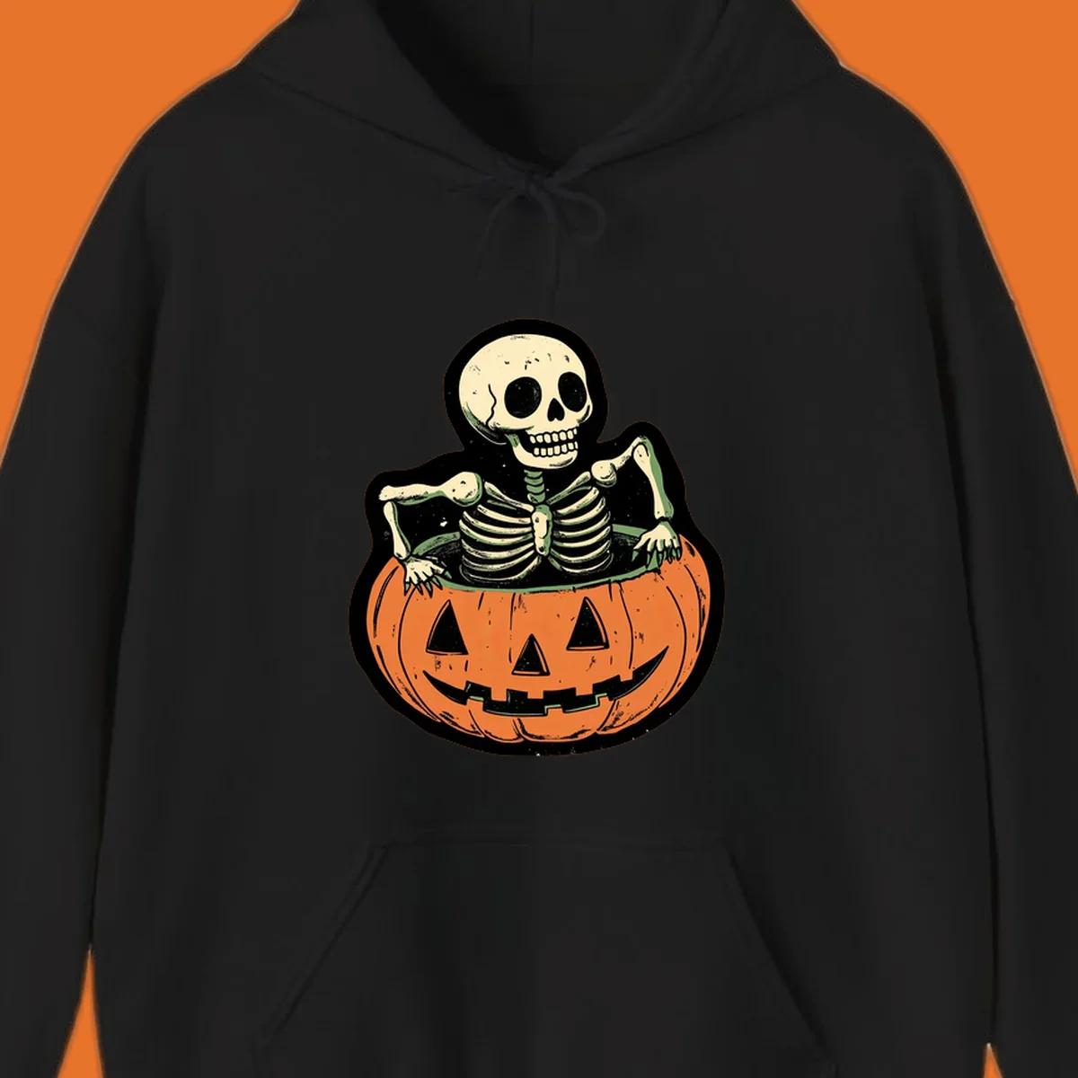Skeleton emerging from a carved jack-o-lantern, vintage halloween design.