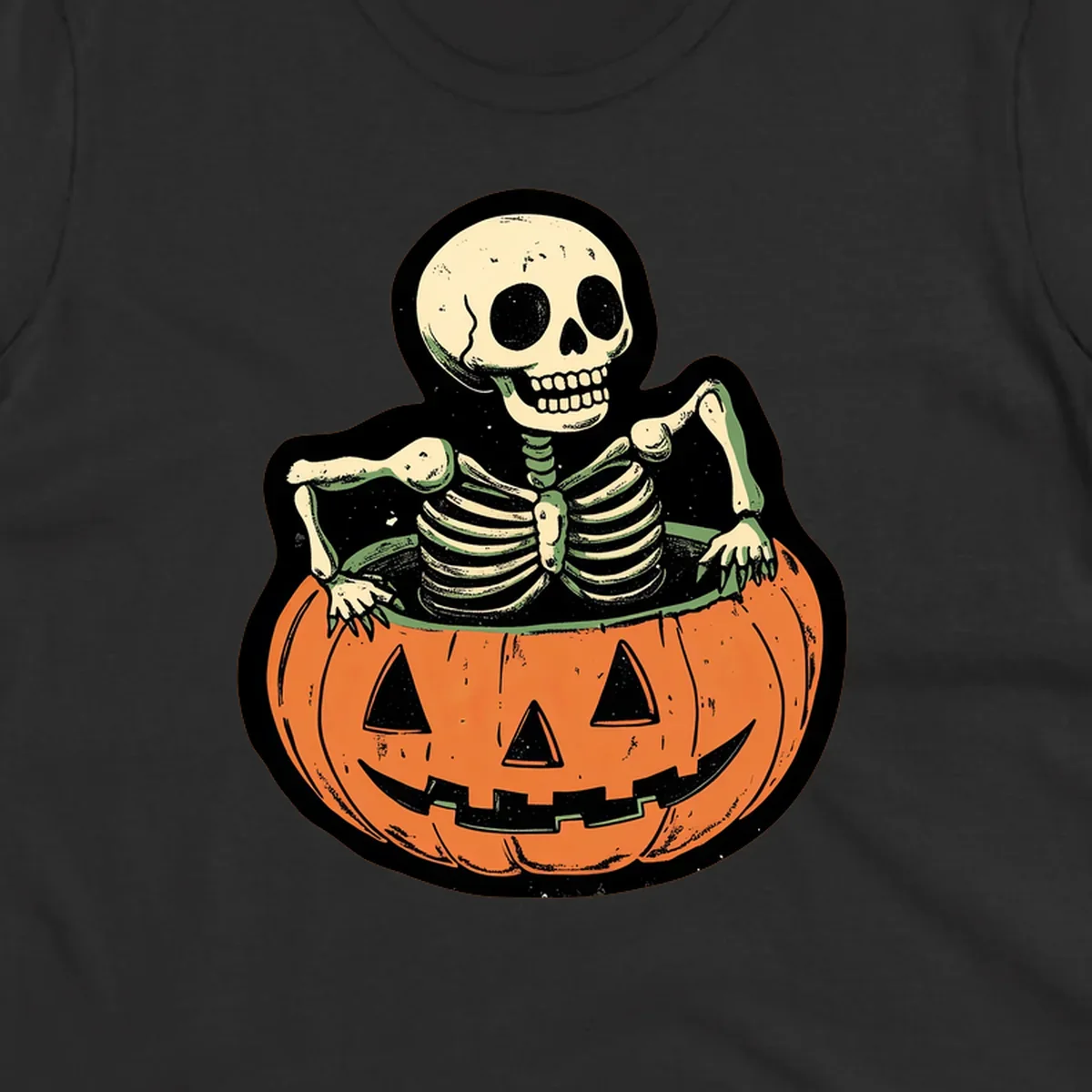 Skeleton emerging from a carved jack-o-lantern, vintage halloween design.
